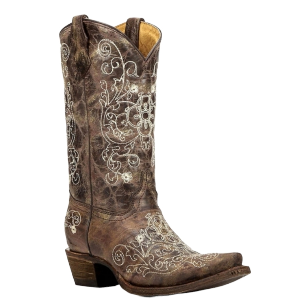 CORRAL youth A1119 Distressed leather scroll embroidery snip toe cowgirl boots 4